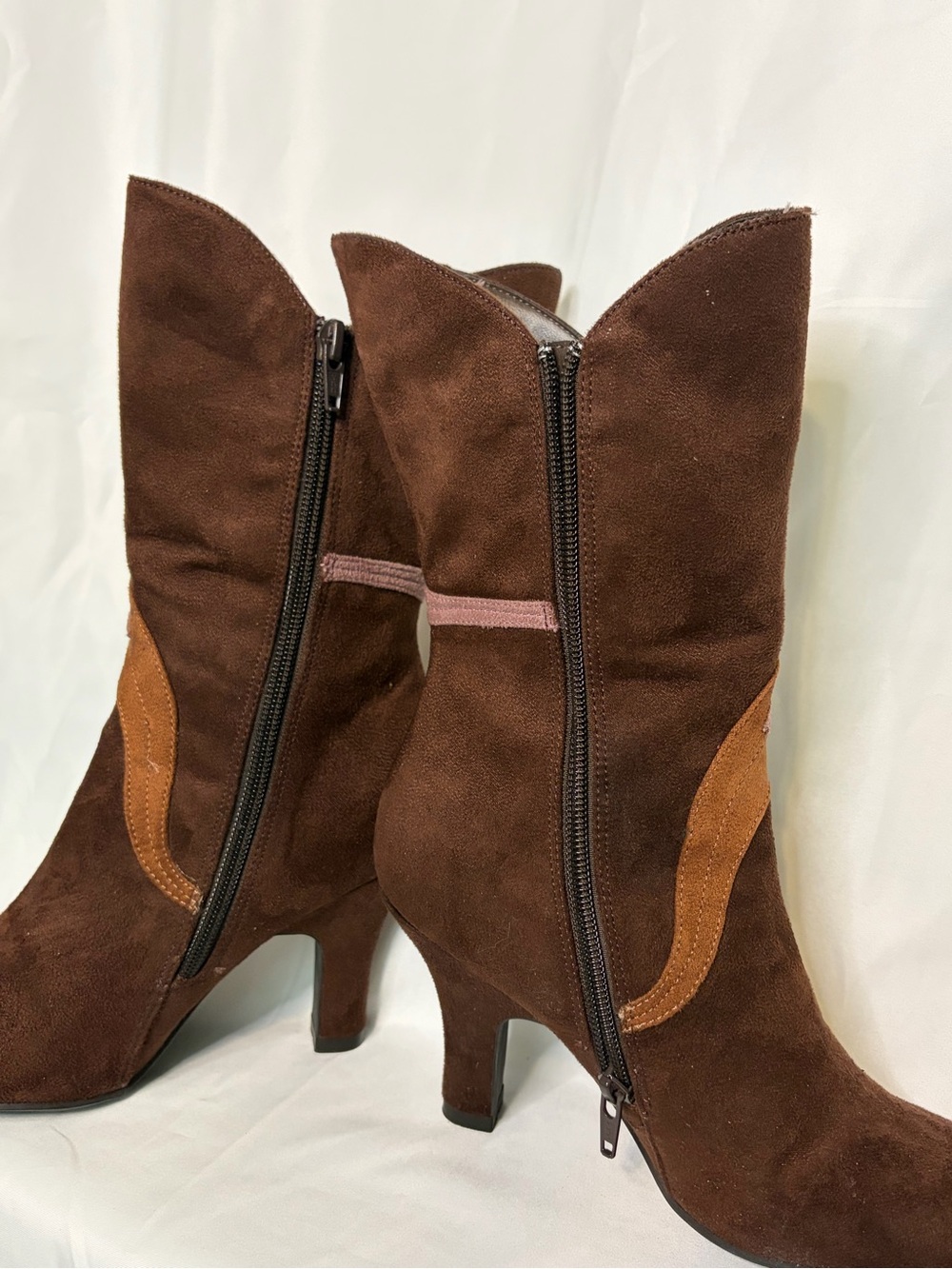 Women's Brown Suede Floral Accent High-Heel Boots - Picture 3 of 6